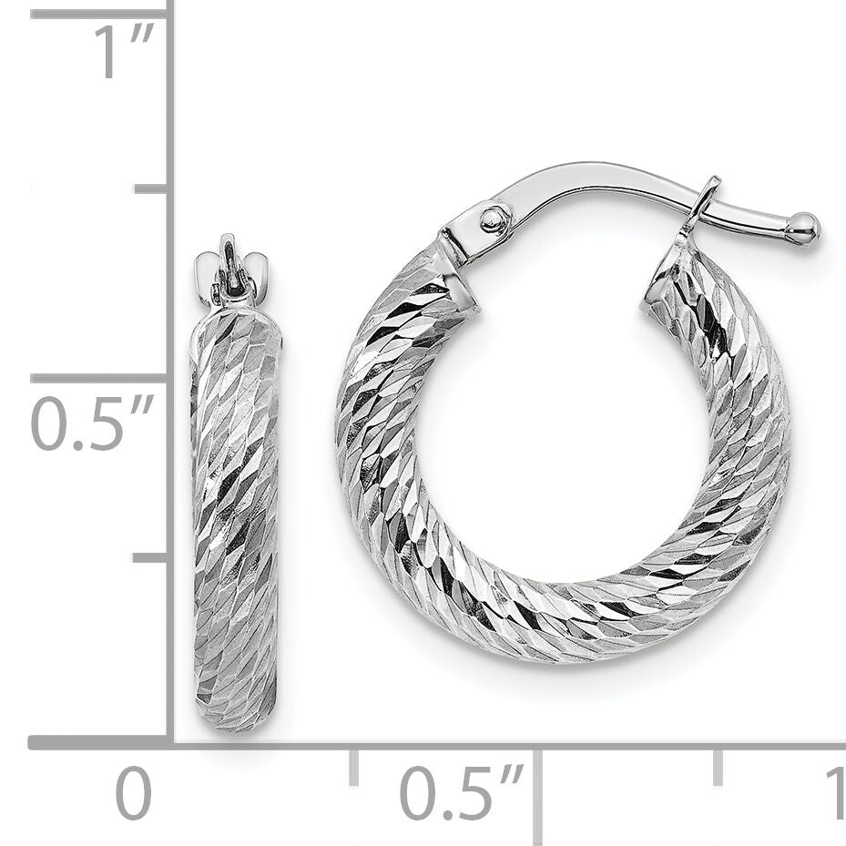 14k 3x16mm White Gold Diamond-cut Round Hoop Earrings-TF1339W