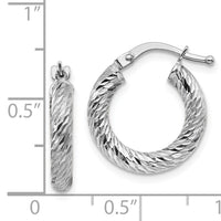 14k 3x16mm White Gold Diamond-cut Round Hoop Earrings-TF1339W