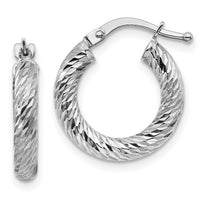 14k 3x16mm White Gold Diamond-cut Round Hoop Earrings-TF1339W