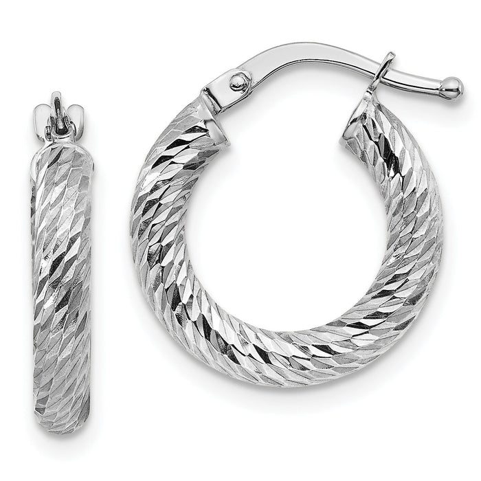 14k 3x16mm White Gold Diamond-cut Round Hoop Earrings-TF1339W
