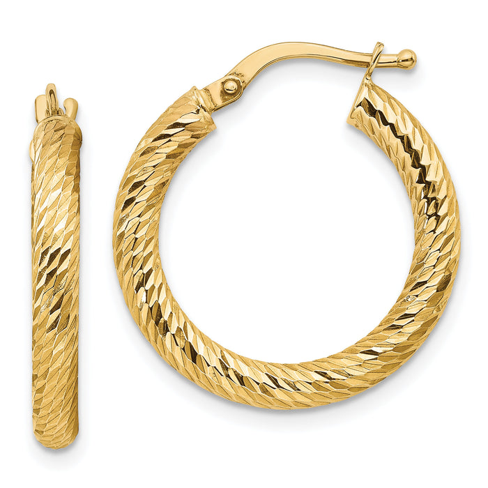 14k Polished 3mm Diamond-cut Round Hoop Earrings-TF1340