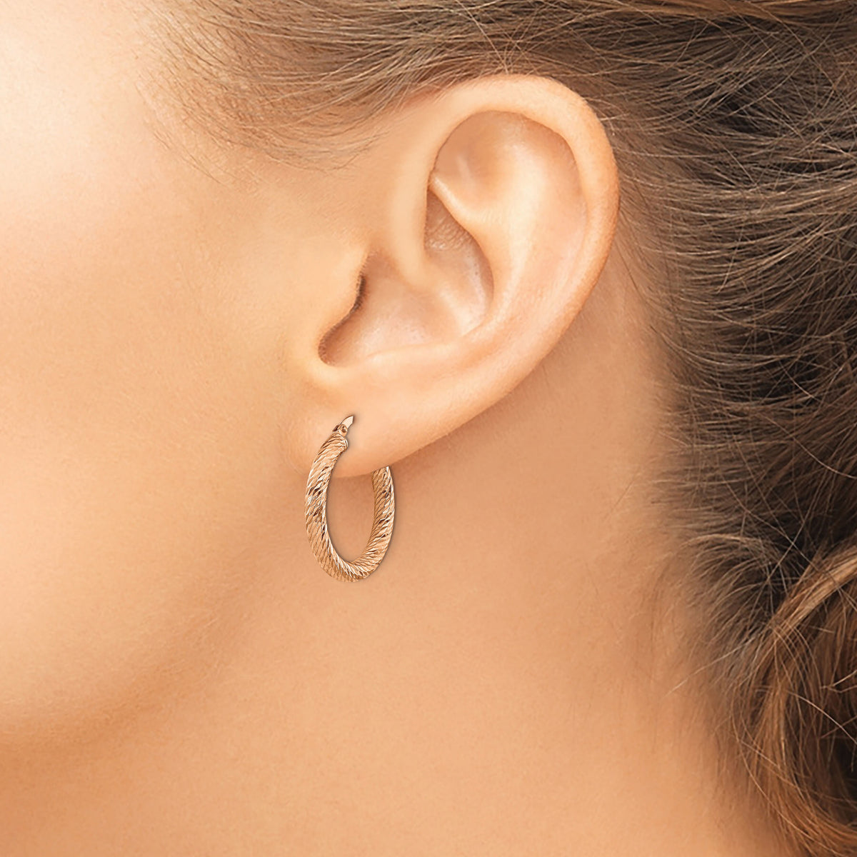 14k 3mm Polished Rose Gold Diamond-cut Round Hoop Earrings-TF1340R