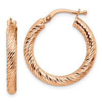 14k 3mm Polished Rose Gold Diamond-cut Round Hoop Earrings-TF1340R