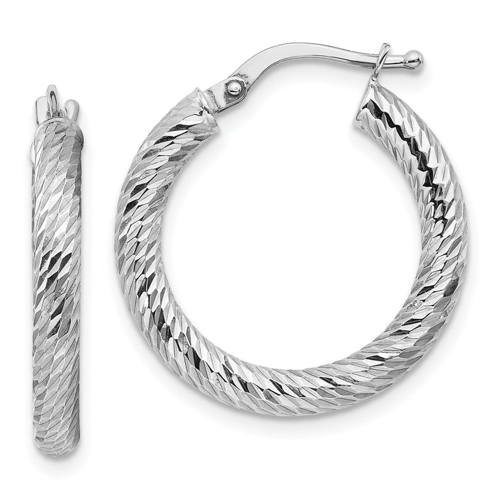 14k Polished 3mm White Gold Diamond-cut Round Hoop Earrings-TF1340W