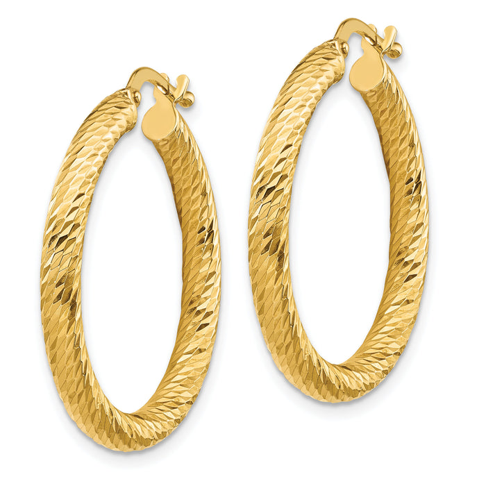 14k 3x27mm Diamond-cut Round Hoop Earrings-TF1341