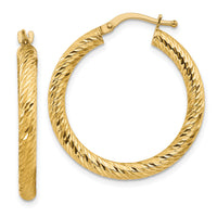 14k 3x27mm Diamond-cut Round Hoop Earrings-TF1341