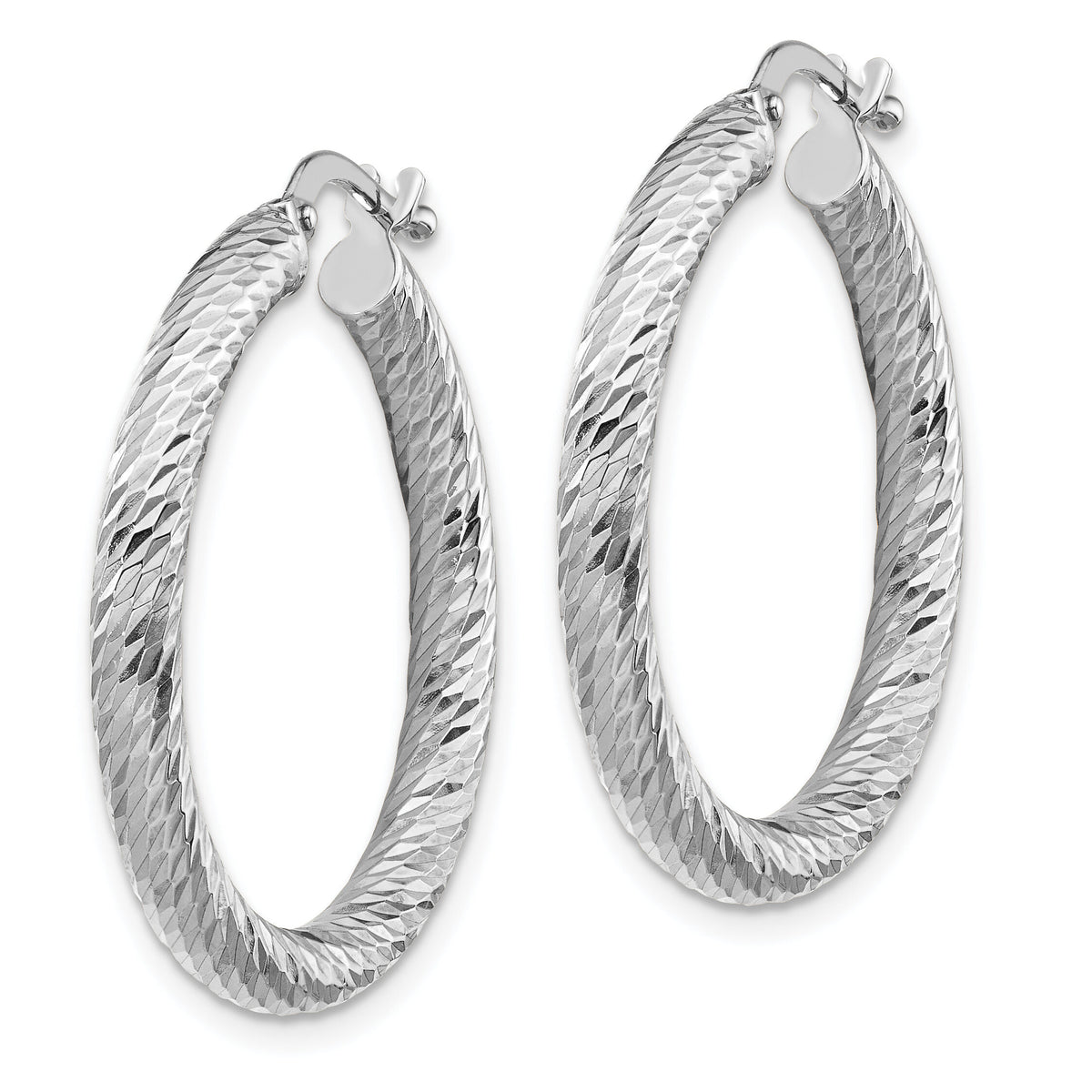 14k 3x27mm White Gold Diamond-cut Round Hoop Earrings-TF1341W
