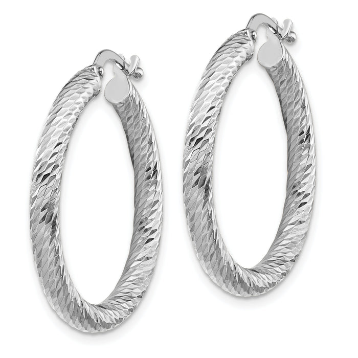 14k 3x27mm White Gold Diamond-cut Round Hoop Earrings-TF1341W