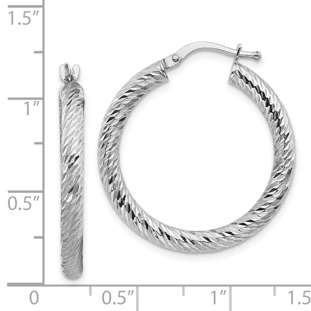 14k 3x27mm White Gold Diamond-cut Round Hoop Earrings-TF1341W