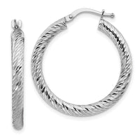 14k 3x27mm White Gold Diamond-cut Round Hoop Earrings-TF1341W