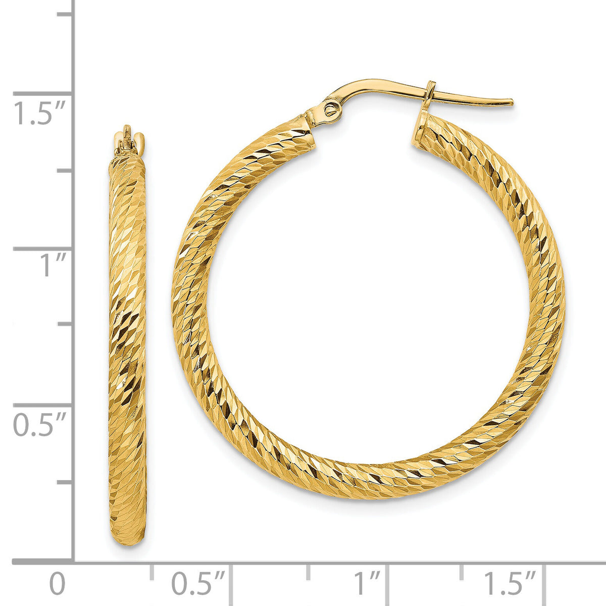 14k 3x32mm Diamond-cut Round Hoop Earrings-TF1342