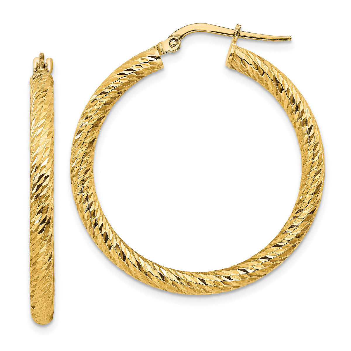 14k 3x32mm Diamond-cut Round Hoop Earrings-TF1342