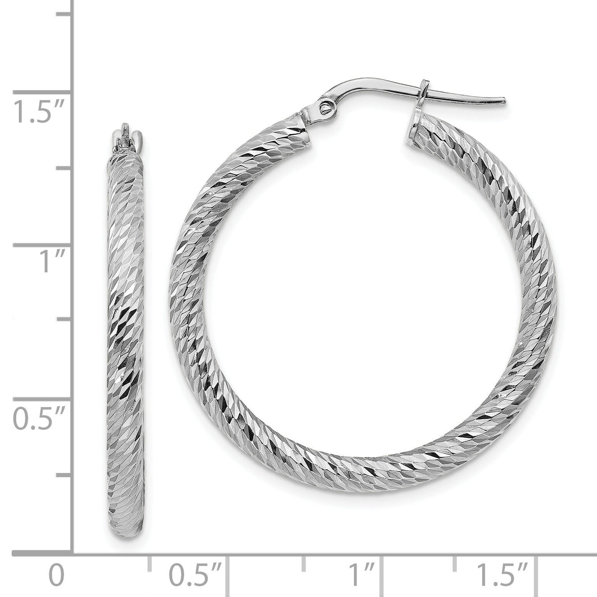 14k 3x32mm White Gold Diamond-cut Round Hoop Earrings-TF1342W