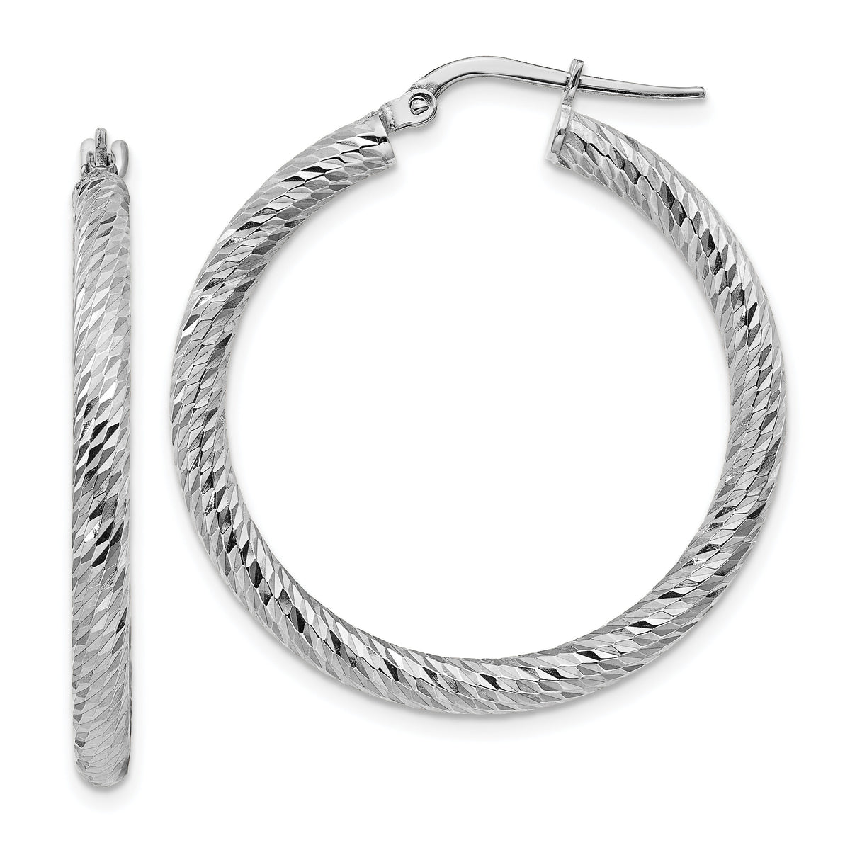 14k 3x32mm White Gold Diamond-cut Round Hoop Earrings-TF1342W