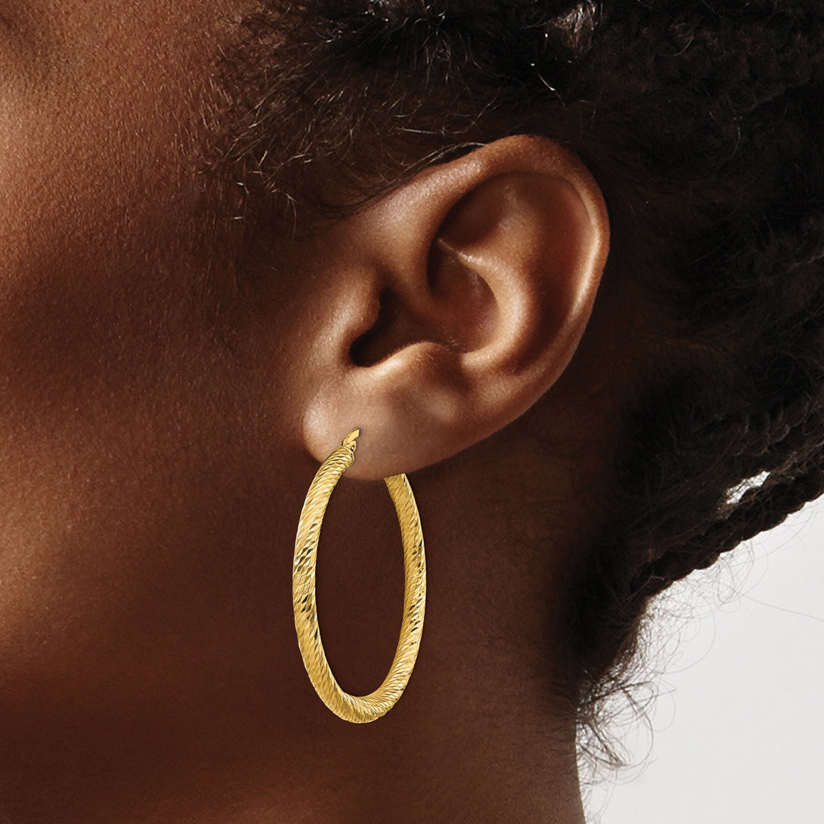 14k Polished 3mm Diamond-cut Round Hoop Earrings-TF1343