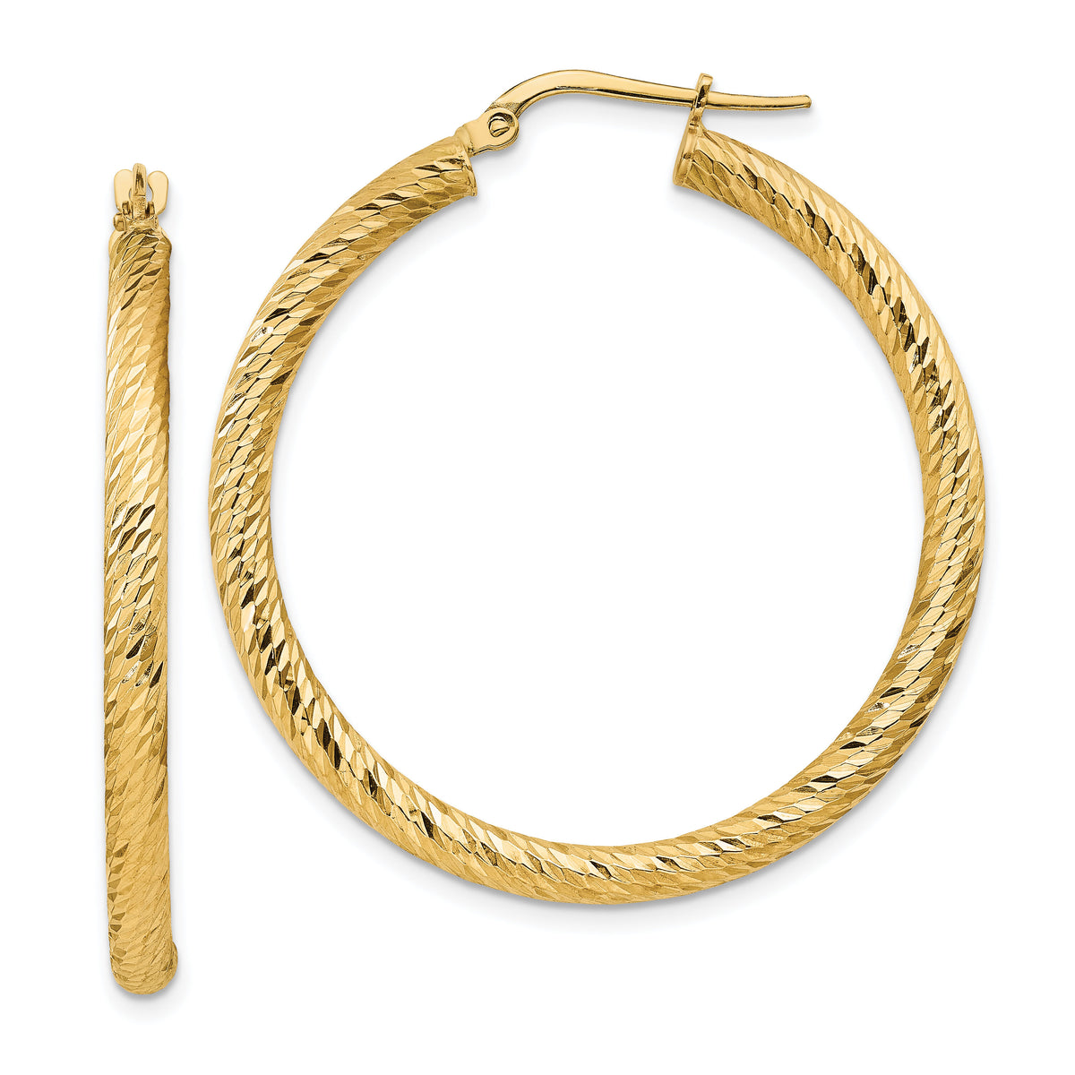 14k Polished 3mm Diamond-cut Round Hoop Earrings-TF1343