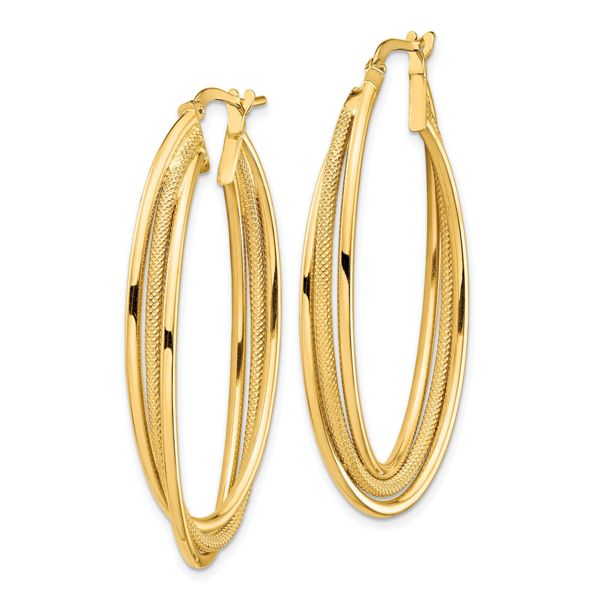 14k Polished and Textured Twisted Fancy Oval Hoop Earrings-TF1351