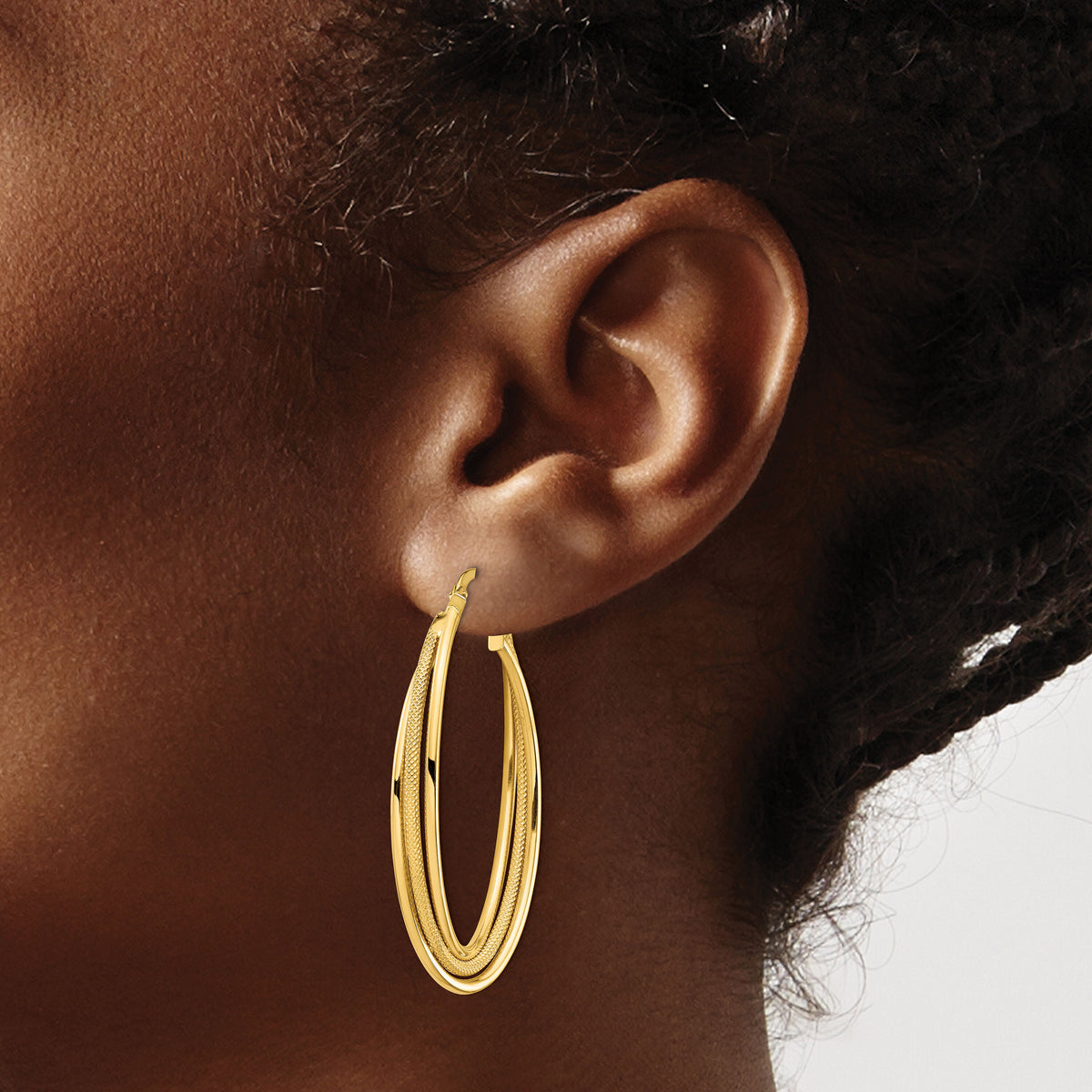 14k Polished and Textured Twisted Fancy Oval Hoop Earrings-TF1351
