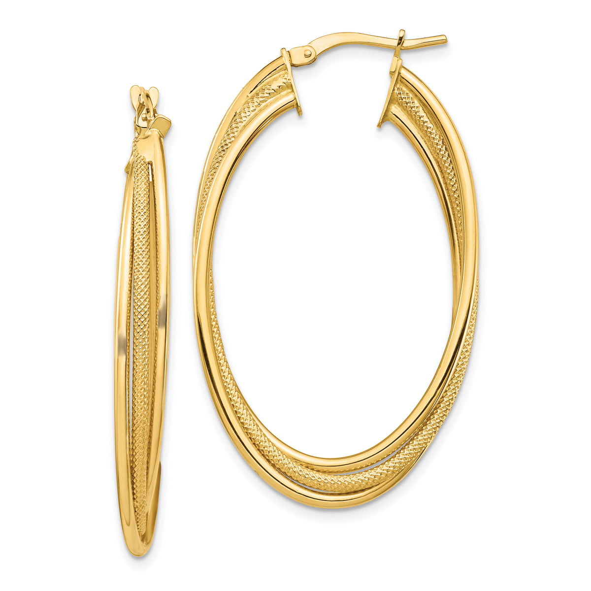 14k Polished and Textured Twisted Fancy Oval Hoop Earrings-TF1351