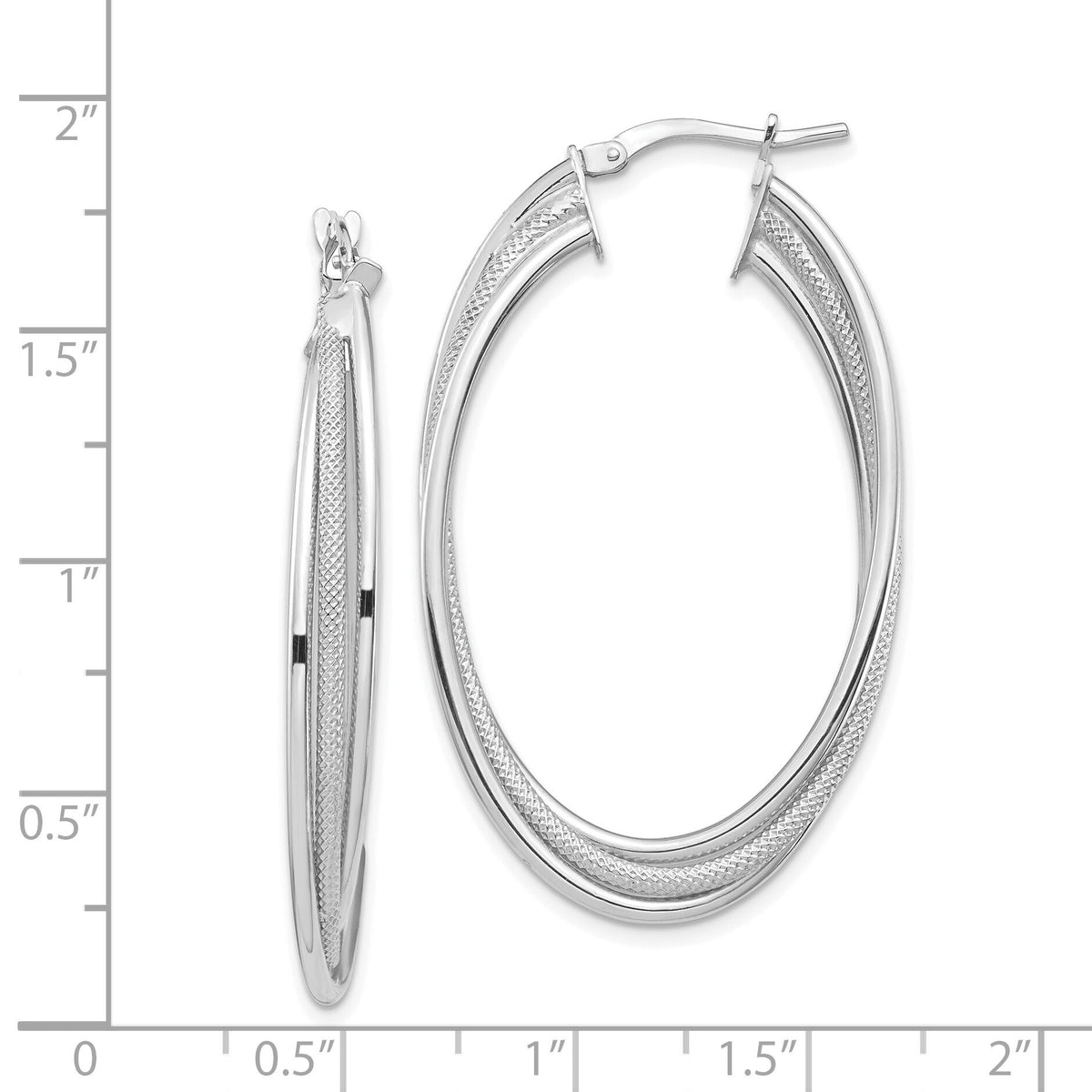 14k White Gold Polished and Textured Twisted Fancy Oval Hoop Earrings-TF1351W