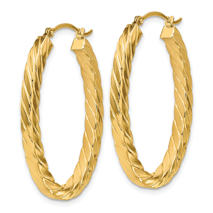 14k Polished & Twisted 3mm Square Tube Oval Hoop Earrings-TF1393