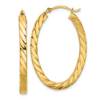 14k Polished & Twisted 3mm Square Tube Oval Hoop Earrings-TF1393