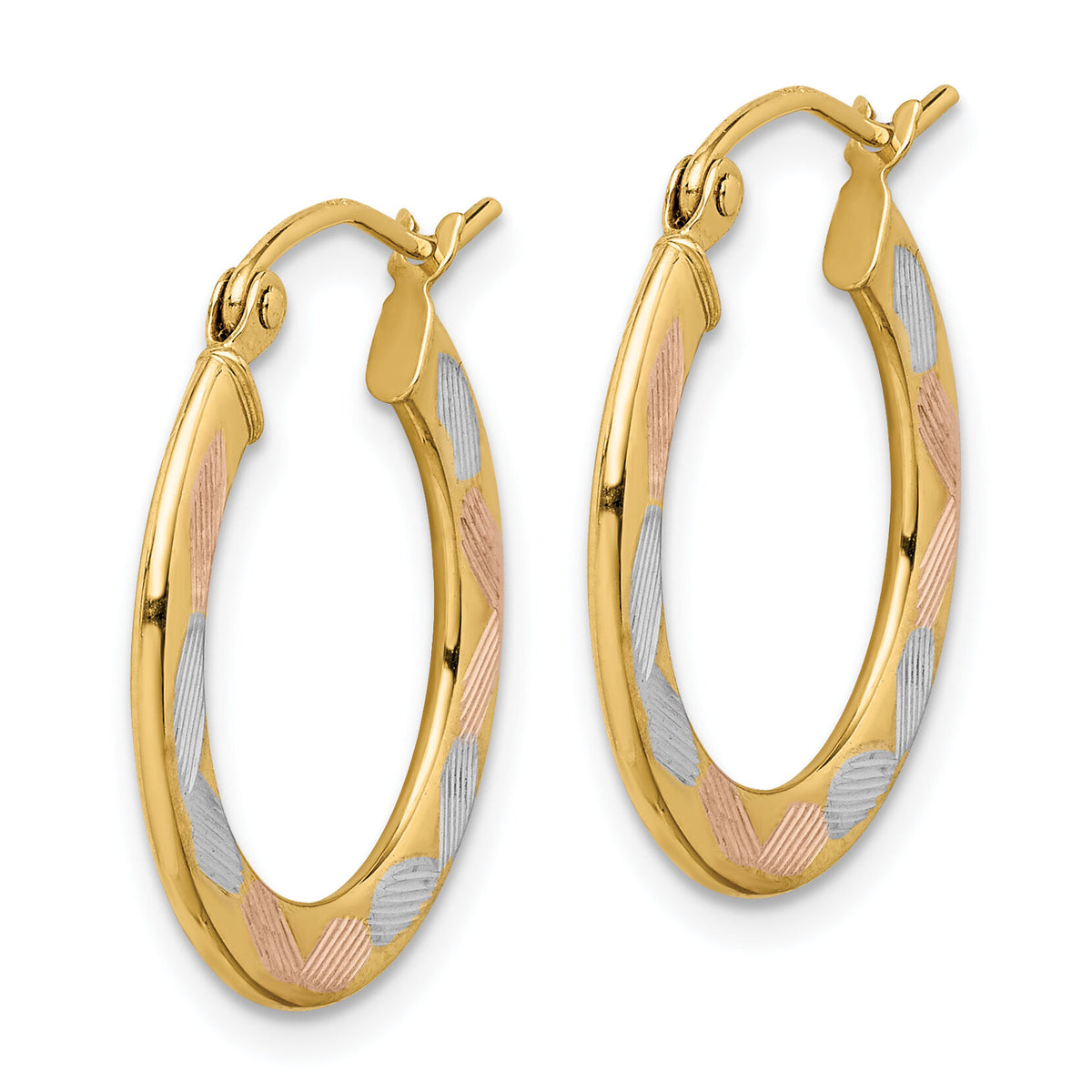 14k w/White and Rose Rhodium Diamond-cut Hoop Earrings-TF1442