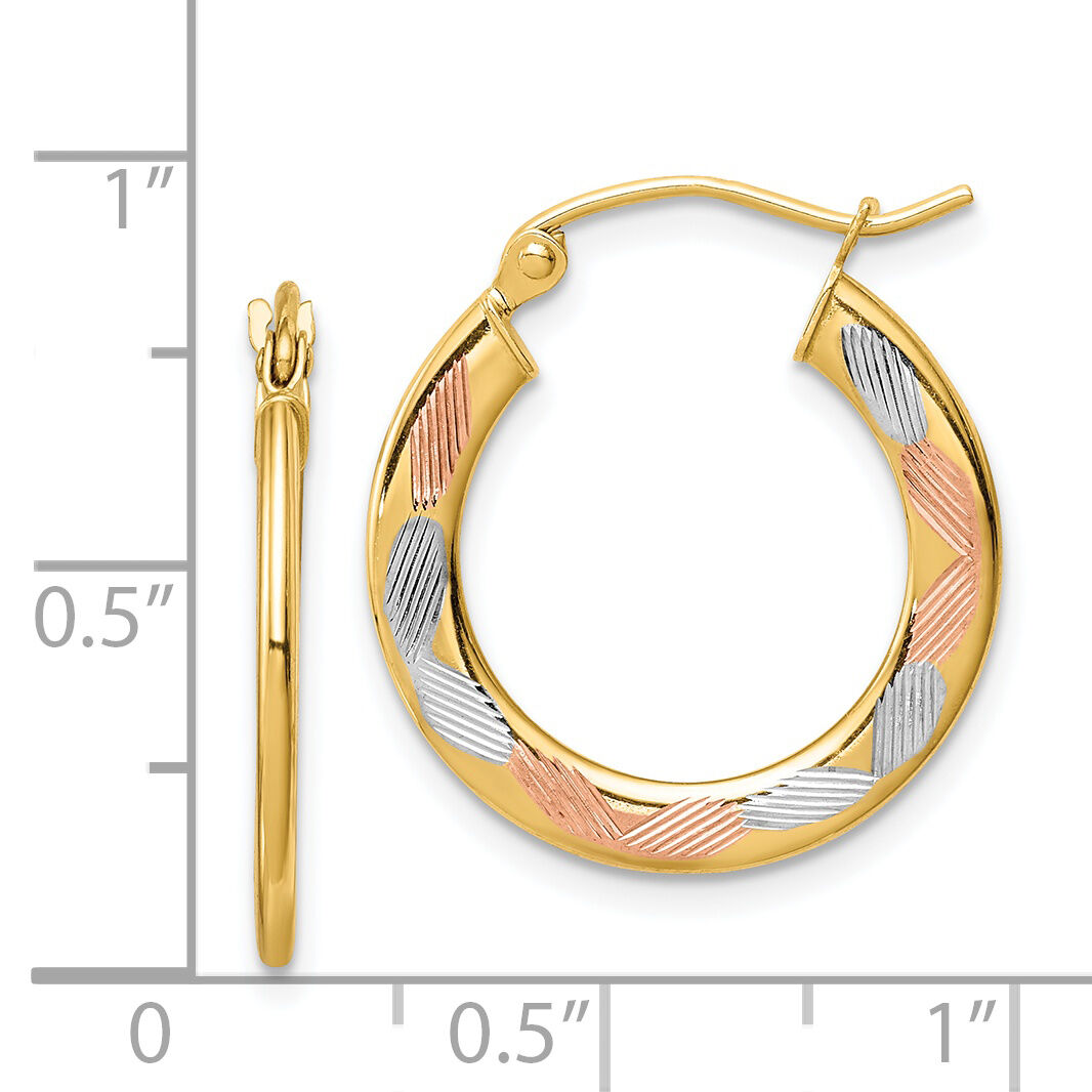 14k w/White and Rose Rhodium Diamond-cut Hoop Earrings-TF1442