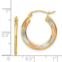 14k w/White and Rose Rhodium Diamond-cut Hoop Earrings-TF1442