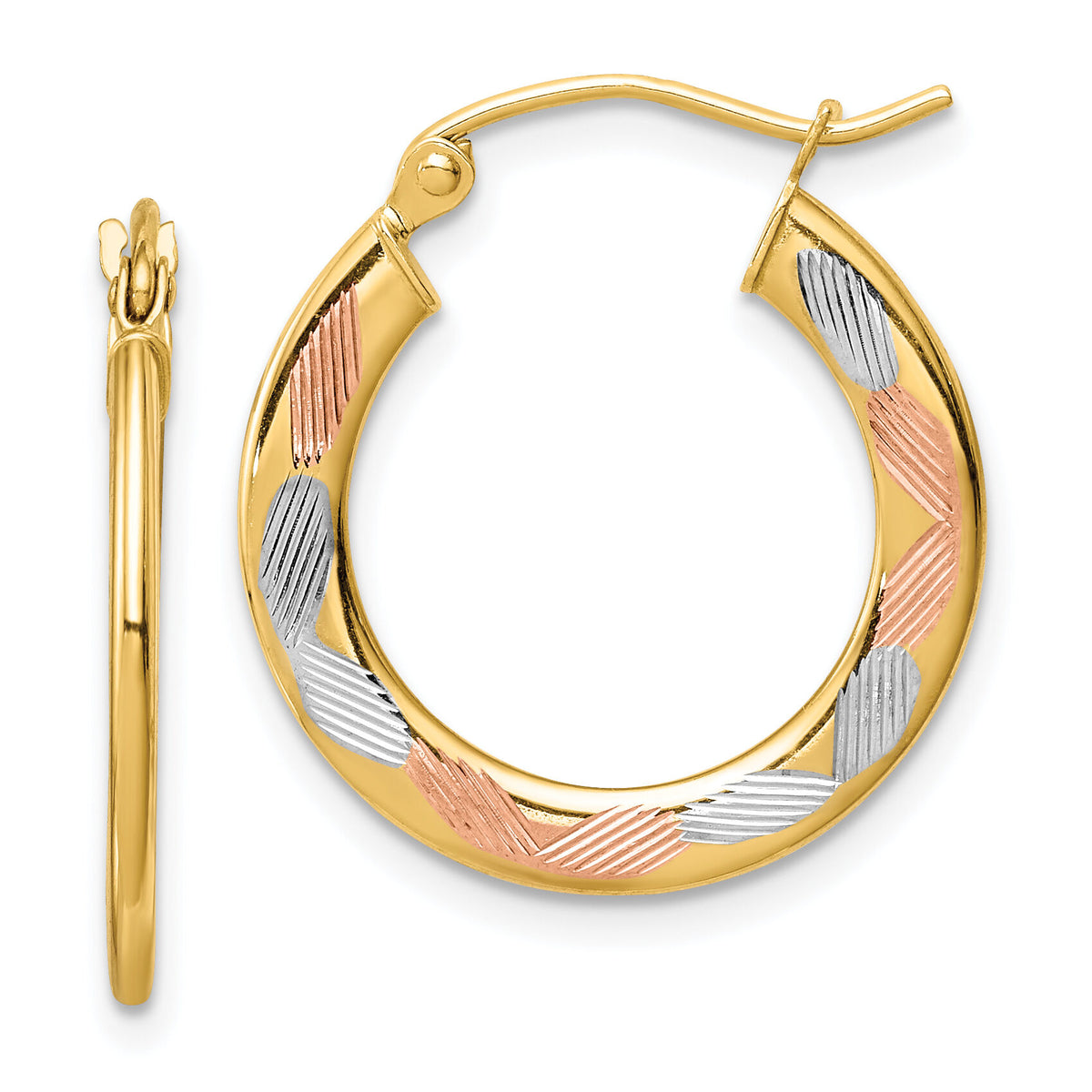 14k w/White and Rose Rhodium Diamond-cut Hoop Earrings-TF1442