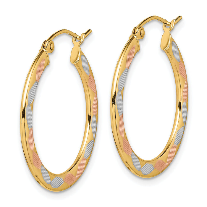 14k w/White and Rose Rhodium Diamond-cut Hoop Earrings-TF1443