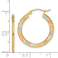 14k w/White and Rose Rhodium Diamond-cut Hoop Earrings-TF1443