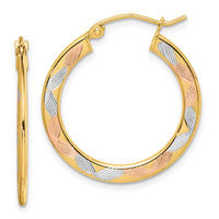 14k w/White and Rose Rhodium Diamond-cut Hoop Earrings-TF1443