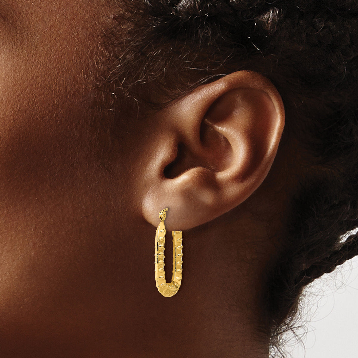 14k Polished Textured Rectangle Hoop Earrings-TF1454