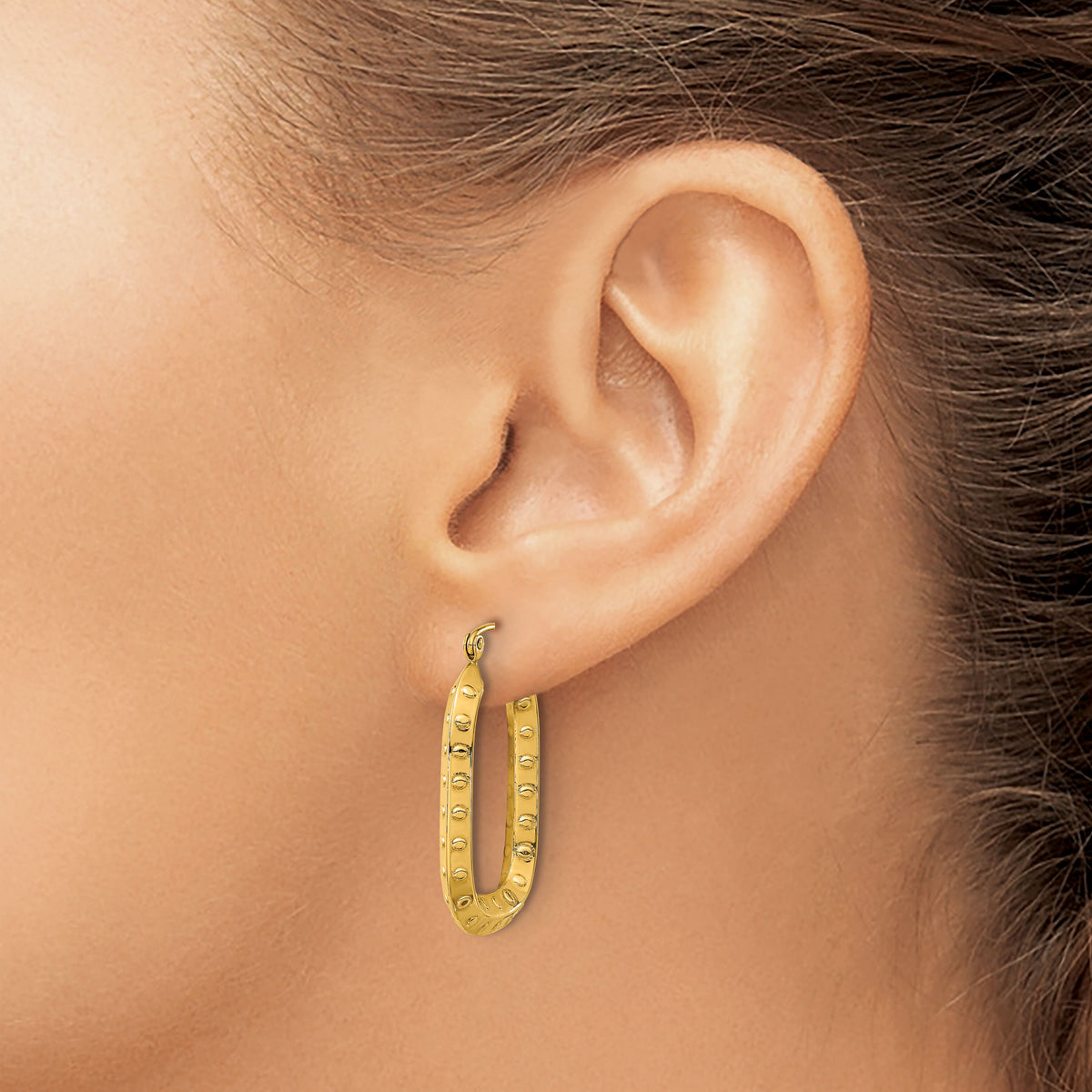 14k Polished Textured Rectangle Hoop Earrings-TF1455