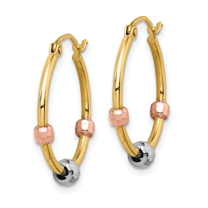 14k Polished with D/C Beads Tri-color Hoop Earrings-TF1468