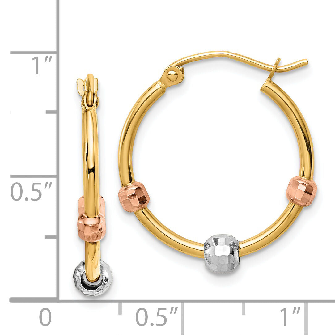 14k Polished with D/C Beads Tri-color Hoop Earrings-TF1468