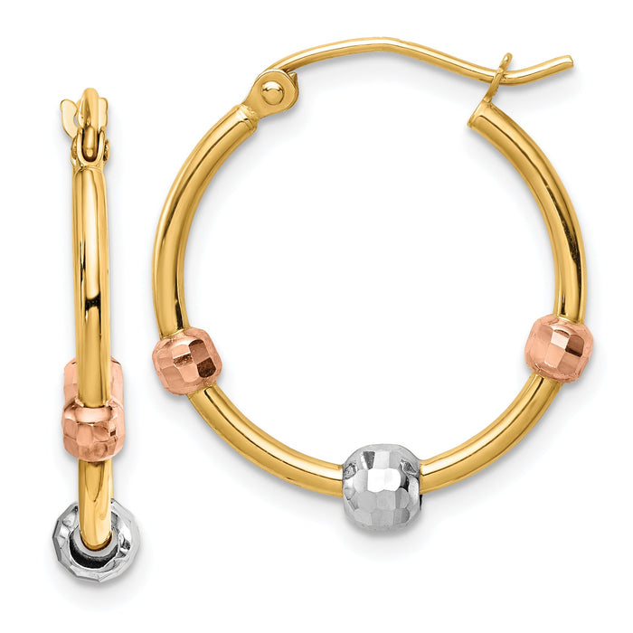 14k Polished with D/C Beads Tri-color Hoop Earrings-TF1468
