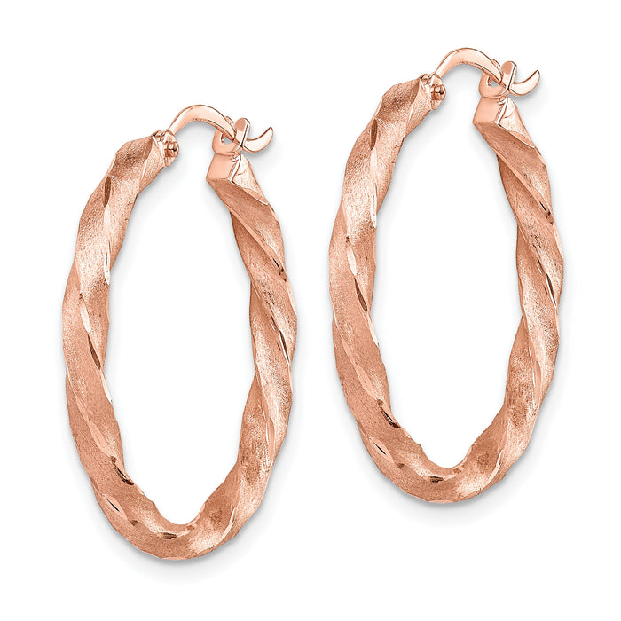 14K Rose Gold Twisted Satin Diamond-Cut Hoop Earrings-TF1471
