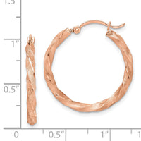 14K Rose Gold Twisted Satin Diamond-Cut Hoop Earrings-TF1471