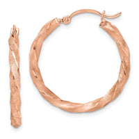 14K Rose Gold Twisted Satin Diamond-Cut Hoop Earrings-TF1471