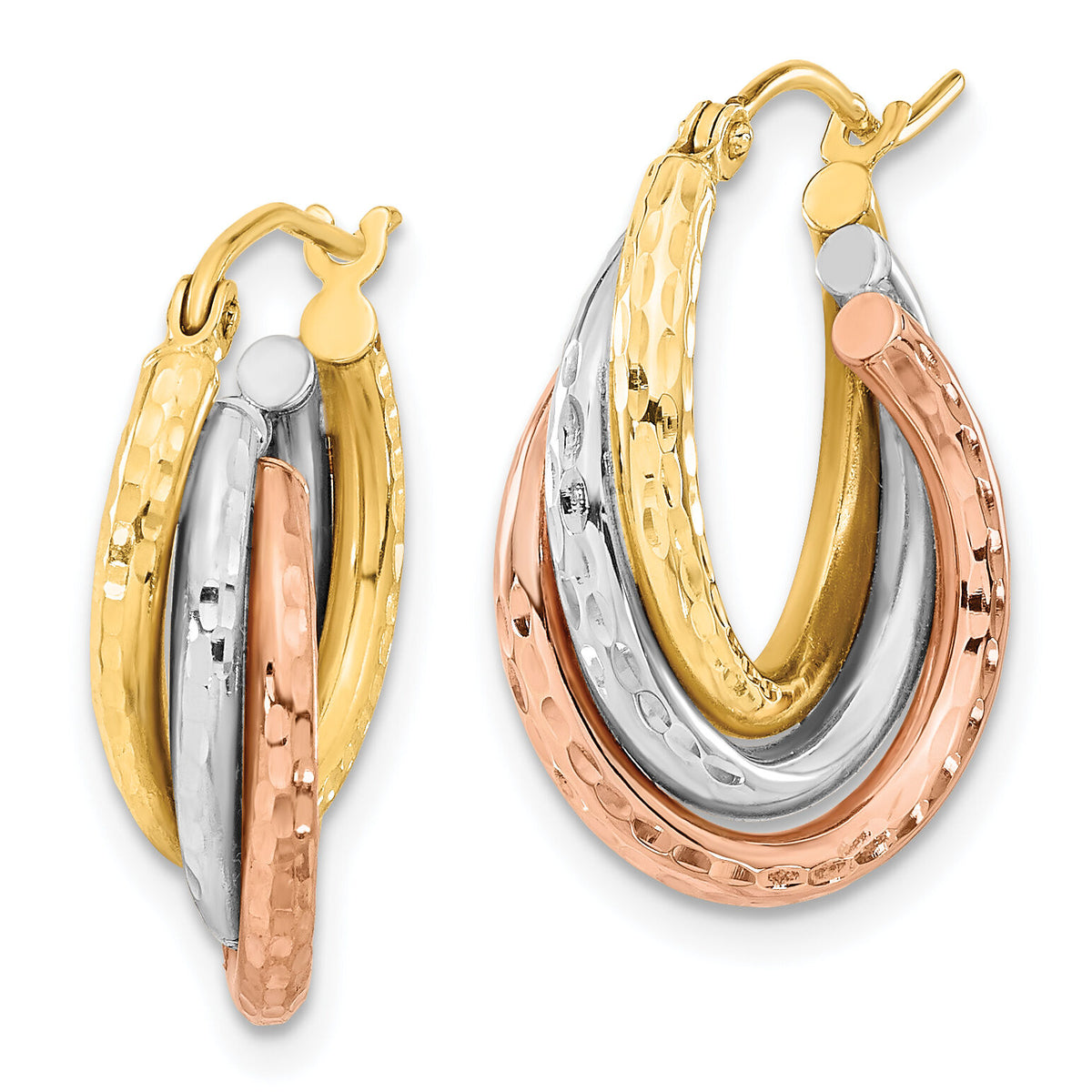 14k Tri-color Textured Triple Hoop Earrings-TF1485