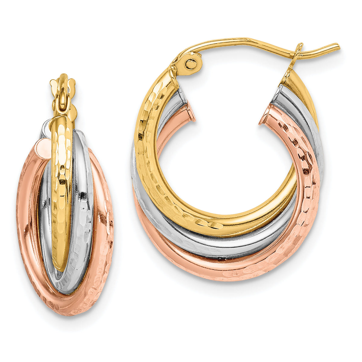 14k Tri-color Textured Triple Hoop Earrings-TF1485