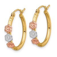 14k Polished & Satin Tri-color Flower Hoop Earrings-TF1508