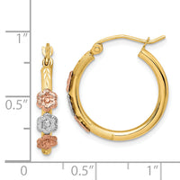 14k Polished & Satin Tri-color Flower Hoop Earrings-TF1508