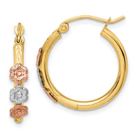 14k Polished & Satin Tri-color Flower Hoop Earrings-TF1508