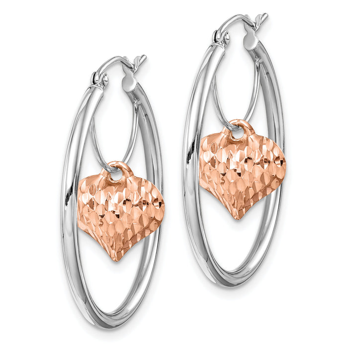14k Two-tone Rose and White D/C Heart Dangle Hoop Earrings-TF1517