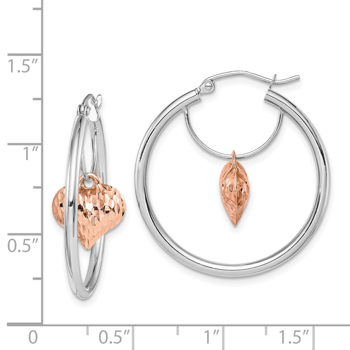 14k Two-tone Rose and White D/C Heart Dangle Hoop Earrings-TF1517