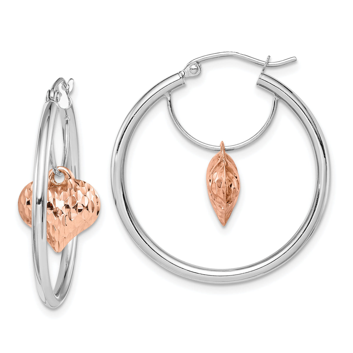 14k Two-tone Rose and White D/C Heart Dangle Hoop Earrings-TF1517