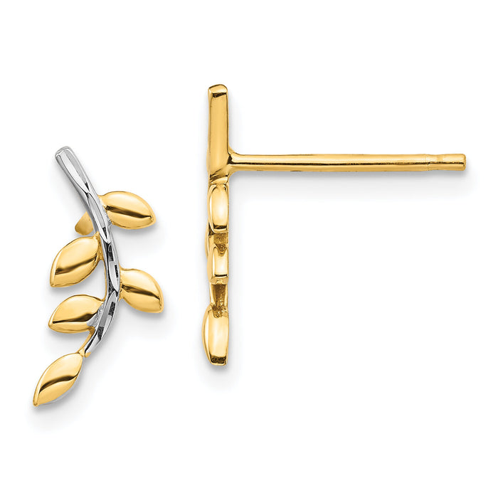 14K & White Rhodium Leaves Post Earrings-TF1549